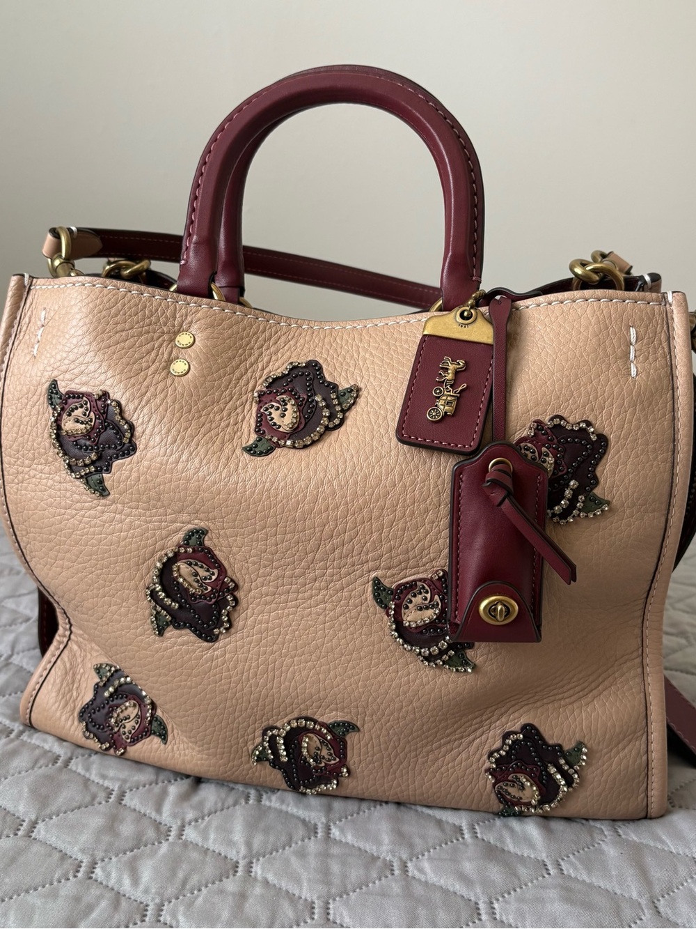 Rare COACH Rogue 30 leather bag satchel with rose appliqué